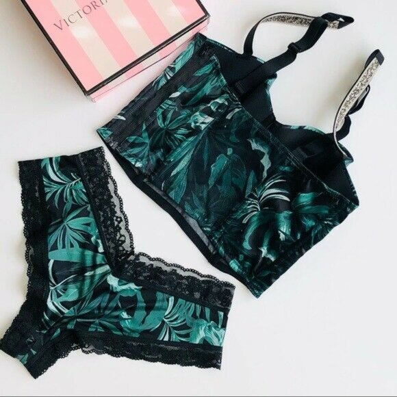32D SMALL Victoria's Secret green leaves bra set - Picture 5 of 5
